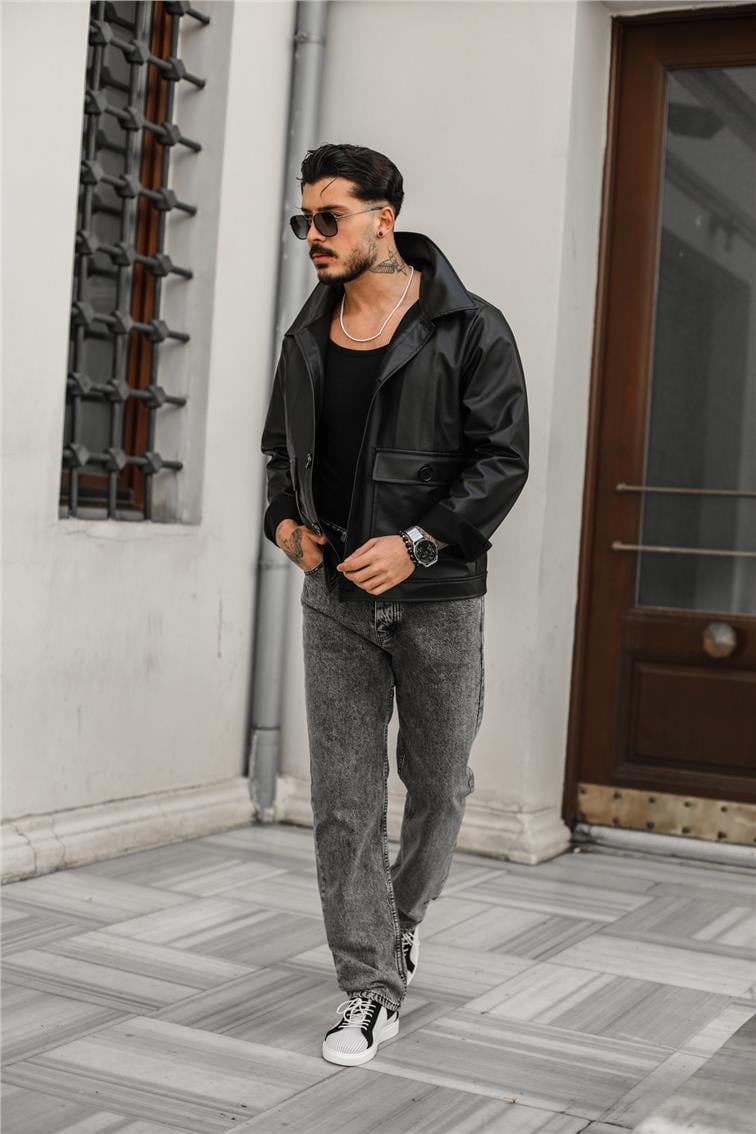 Kanguru Cepli Düğmeli Deri Ceket Siyah