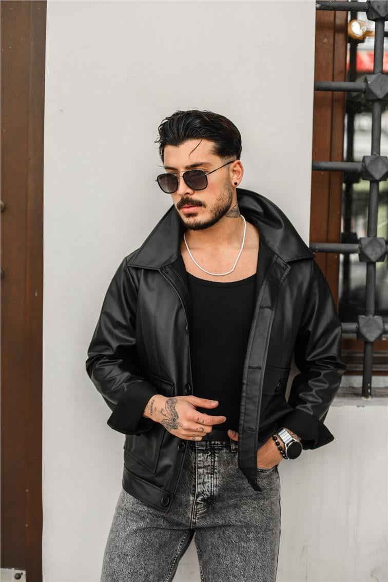Kanguru Cepli Düğmeli Deri Ceket Siyah