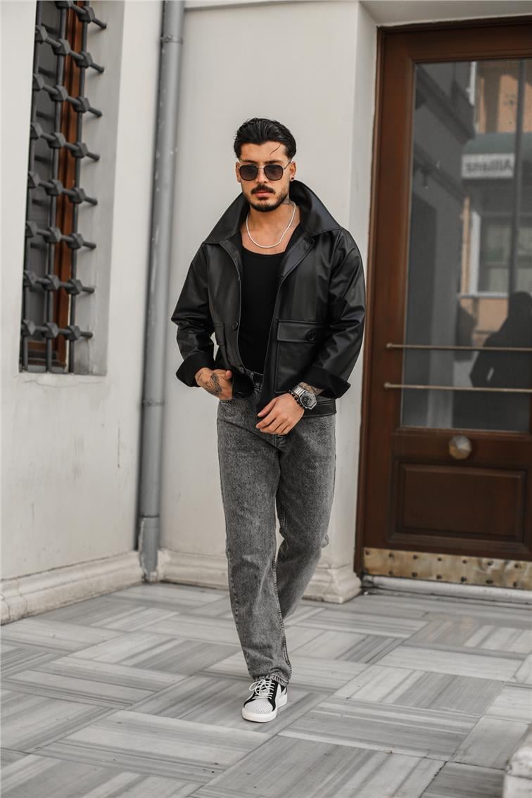 Kanguru Cepli Düğmeli Deri Ceket Siyah