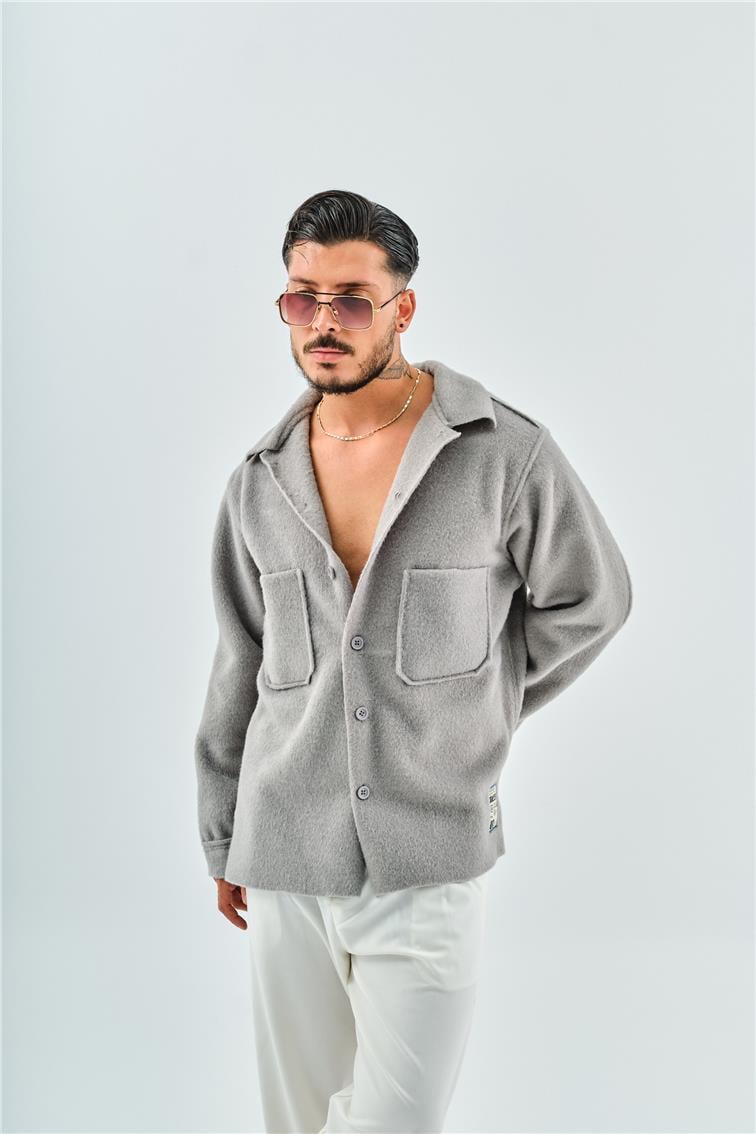 Kaşe Cep Detaylı  Oversize Gömlek/Ceket Gri