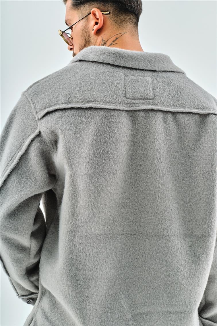 Kaşe Cep Detaylı  Oversize Gömlek/Ceket Gri