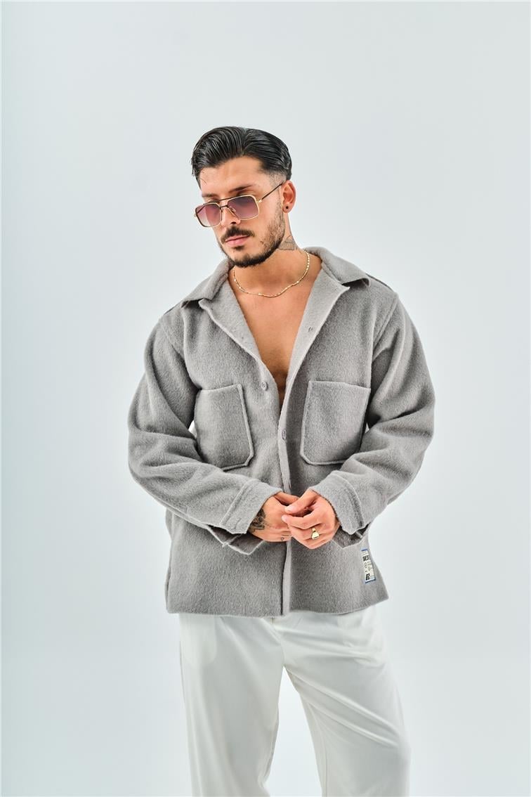 Kaşe Cep Detaylı  Oversize Gömlek/Ceket Gri