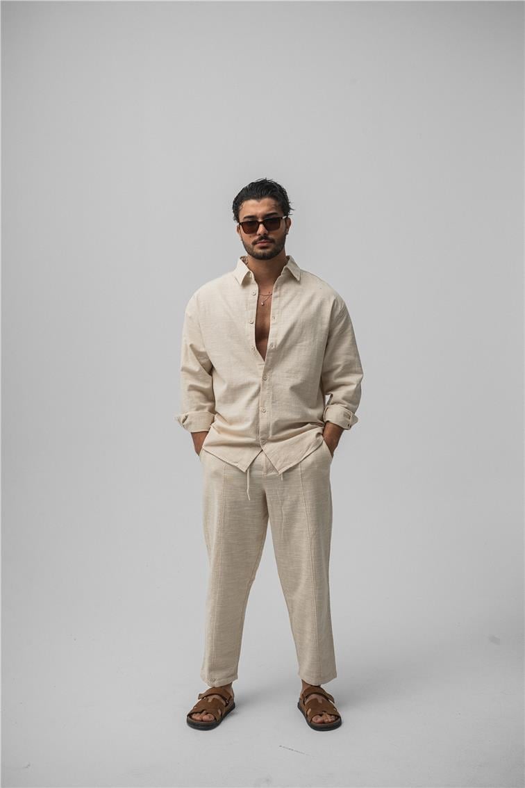 Keten Basic Oversize Gömlek Krem