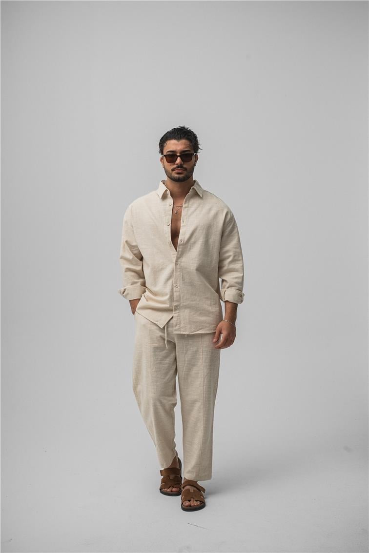 Keten Basic Oversize Gömlek Krem