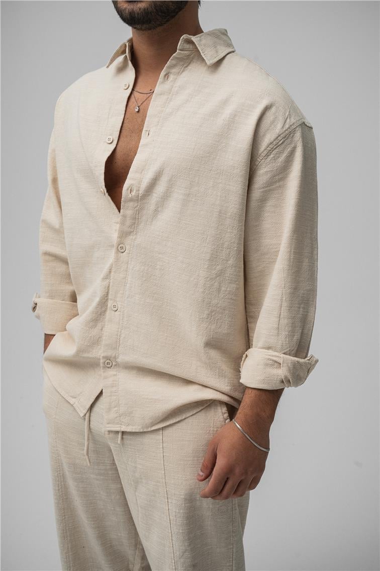 Keten Basic Oversize Gömlek Krem
