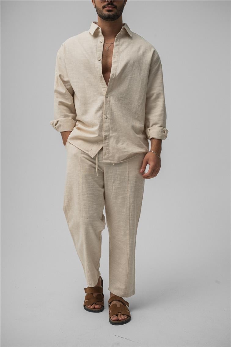 Keten Basic Oversize Gömlek Krem