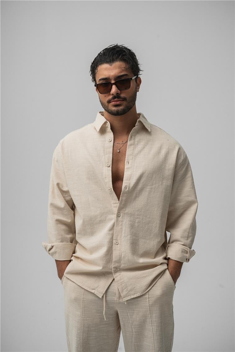 Keten Basic Oversize Gömlek Krem