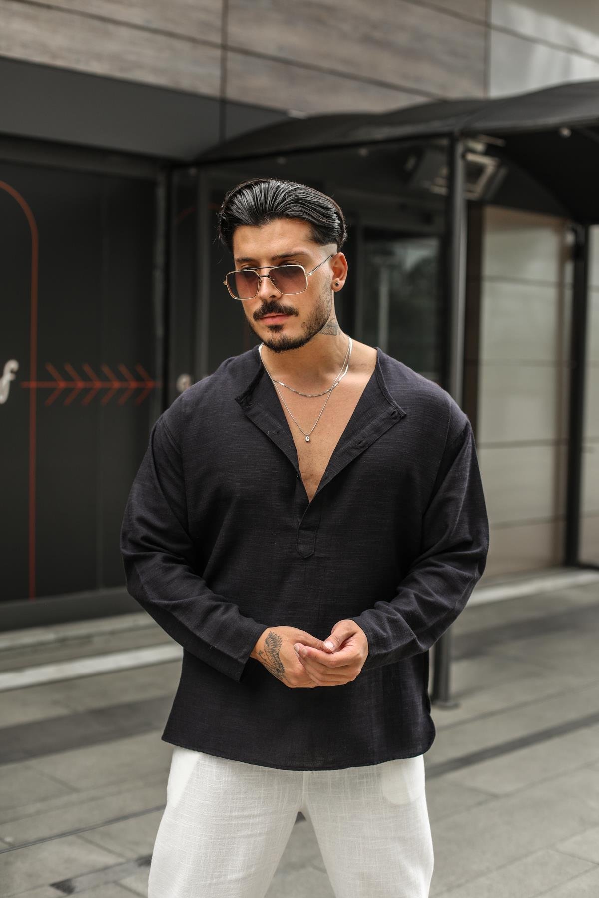 Keten Düğme Patlı Uzun Kollu T-Shirt Siyah