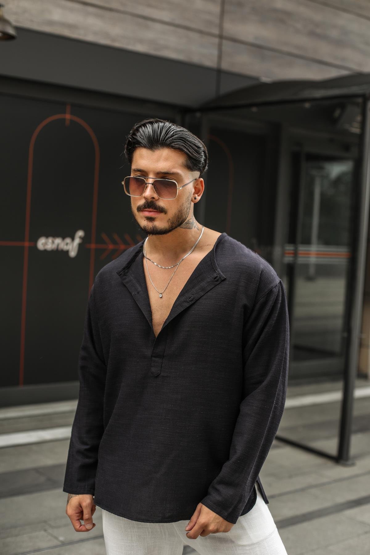 Keten Düğme Patlı Uzun Kollu T-Shirt Siyah