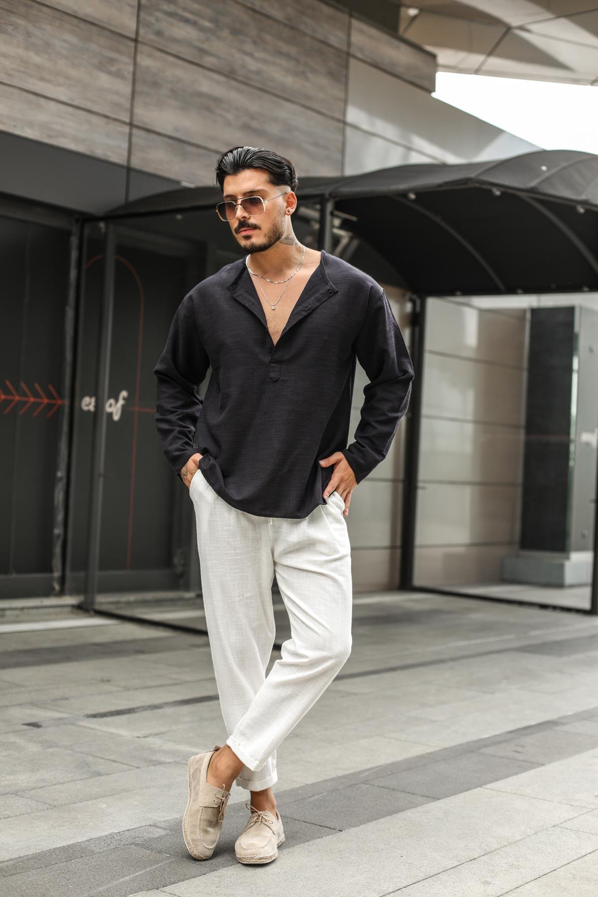Keten Düğme Patlı Uzun Kollu T-Shirt Siyah