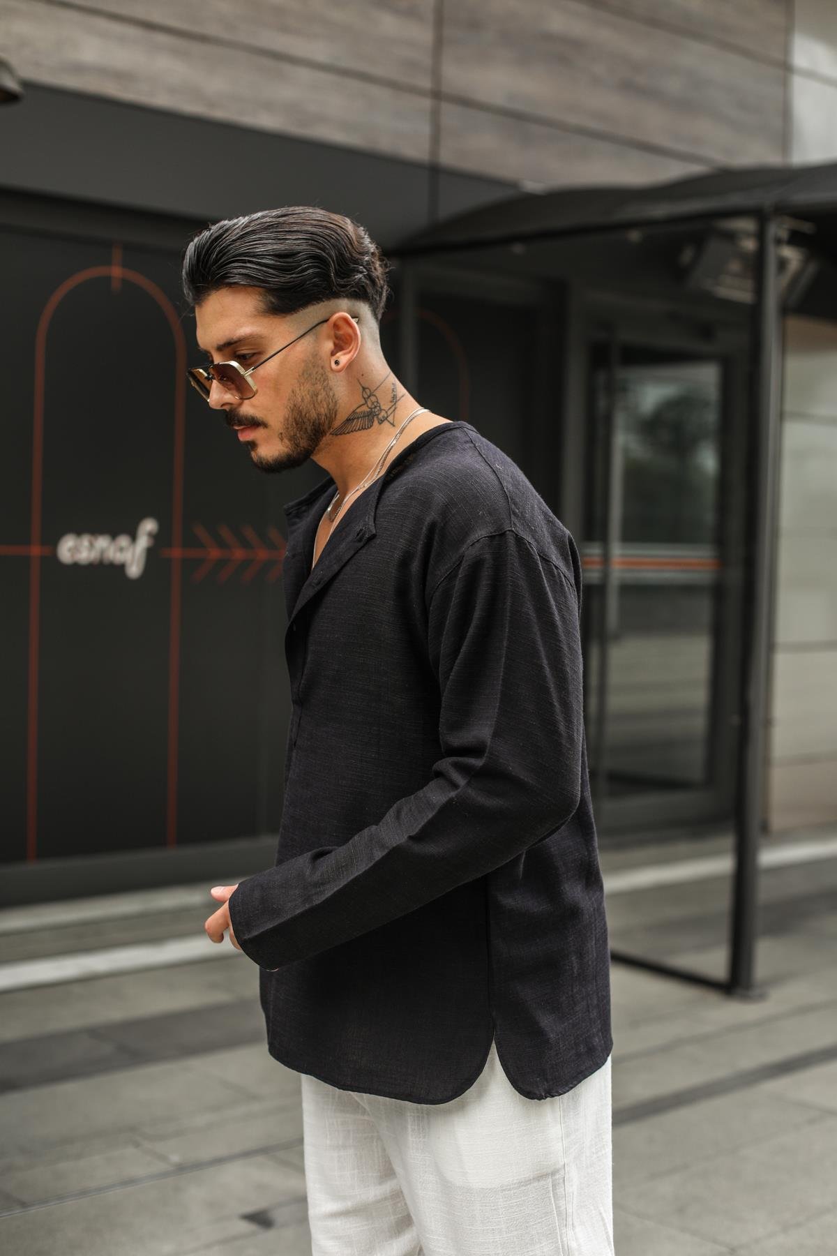 Keten Düğme Patlı Uzun Kollu T-Shirt Siyah