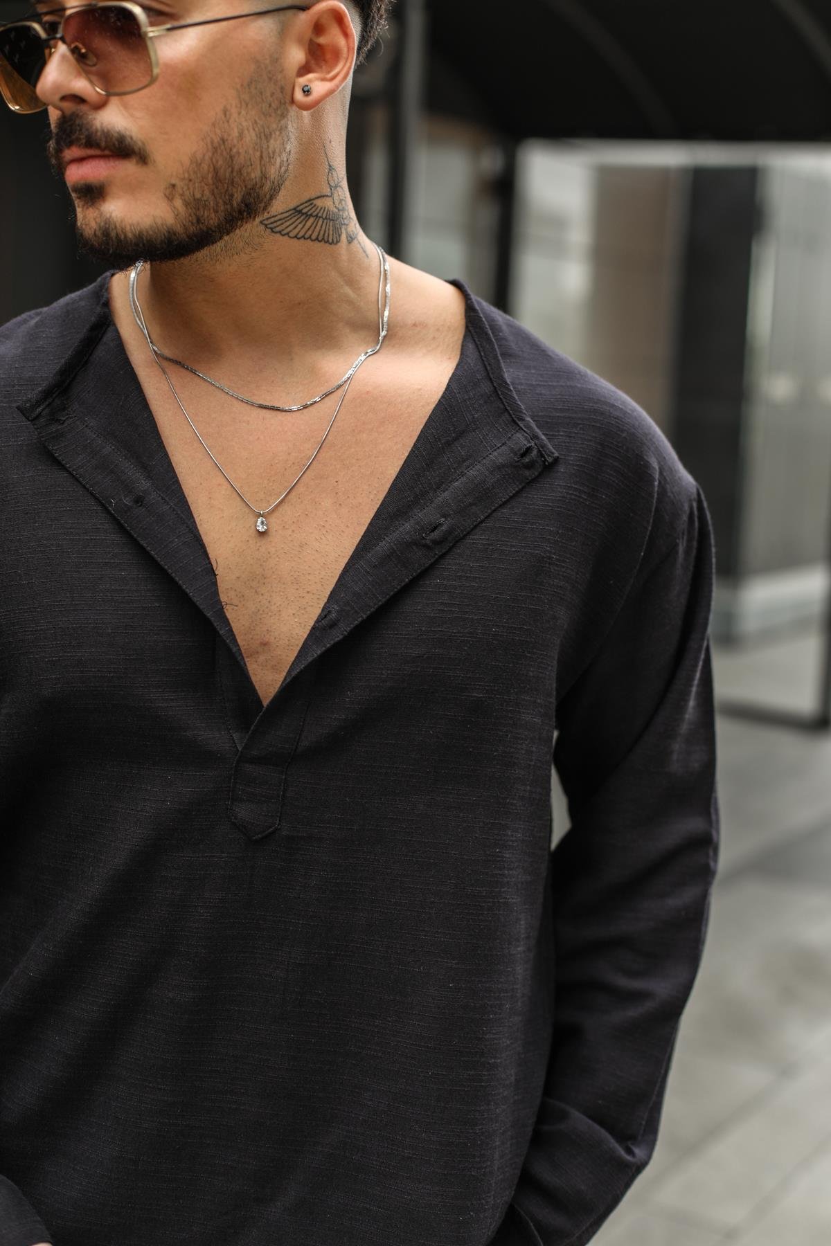 Keten Düğme Patlı Uzun Kollu T-Shirt Siyah