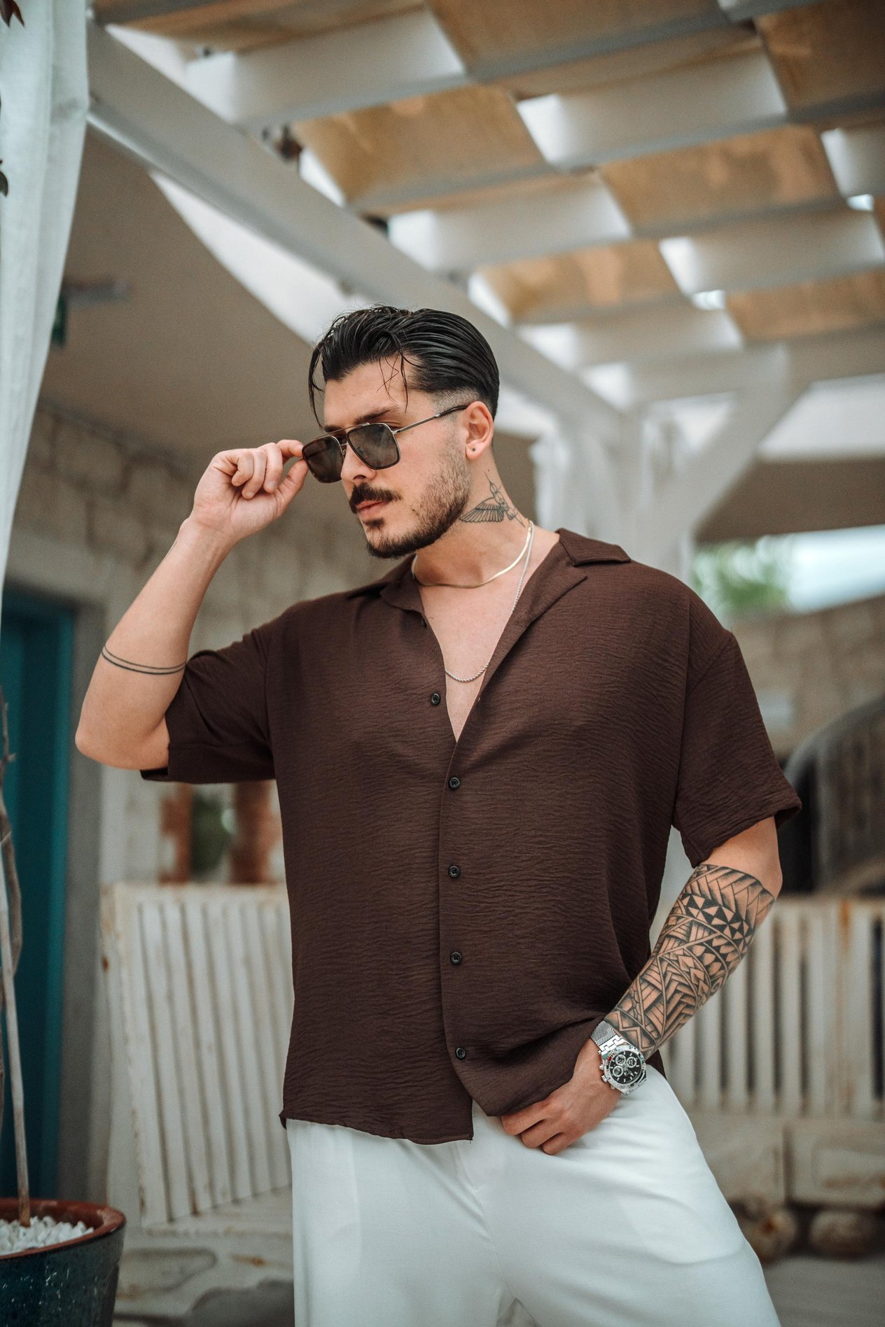 Krep Kumaş Oversize Kısa Kol Gömlek Koyu Kahve