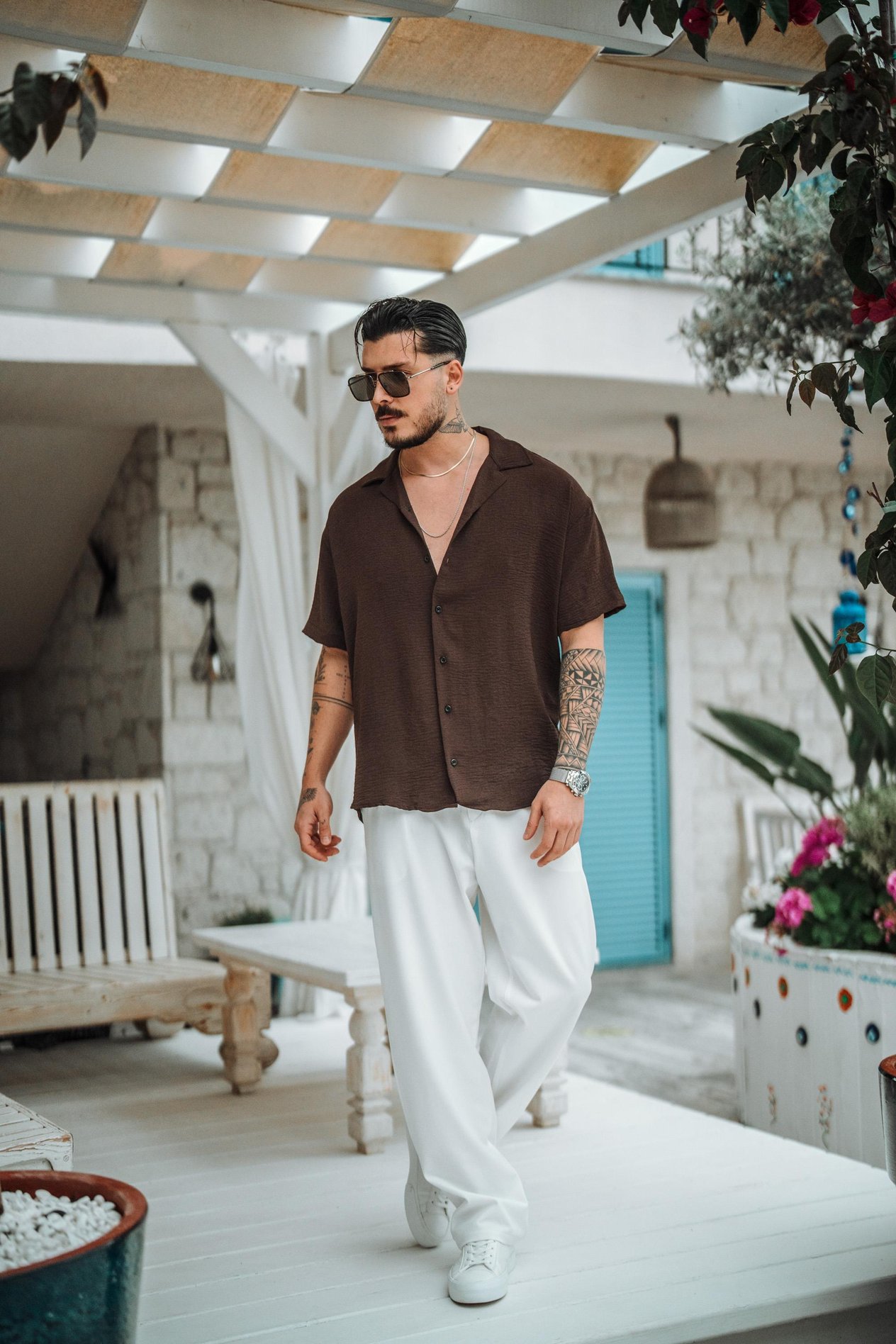 Krep Kumaş Oversize Kısa Kol Gömlek Koyu Kahve