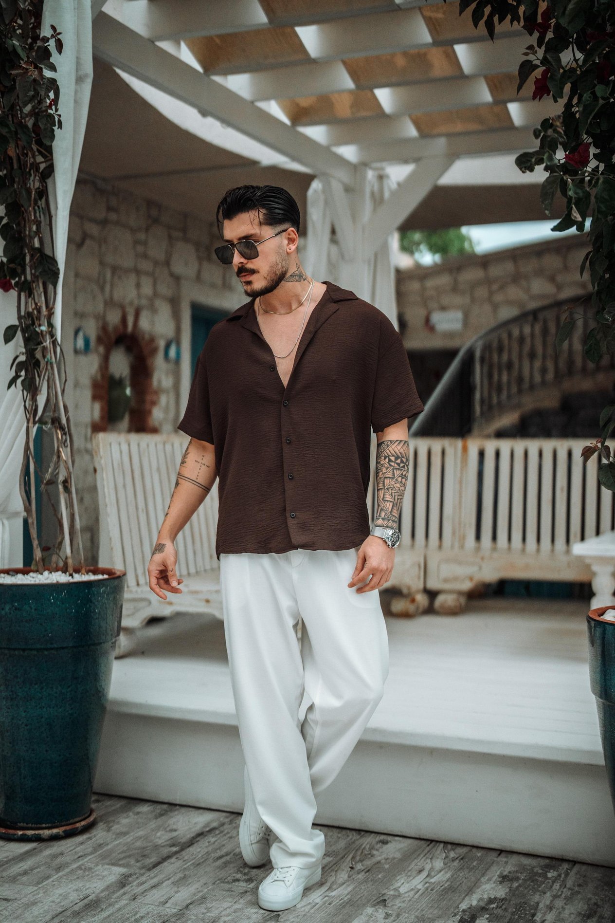 Krep Kumaş Oversize Kısa Kol Gömlek Koyu Kahve