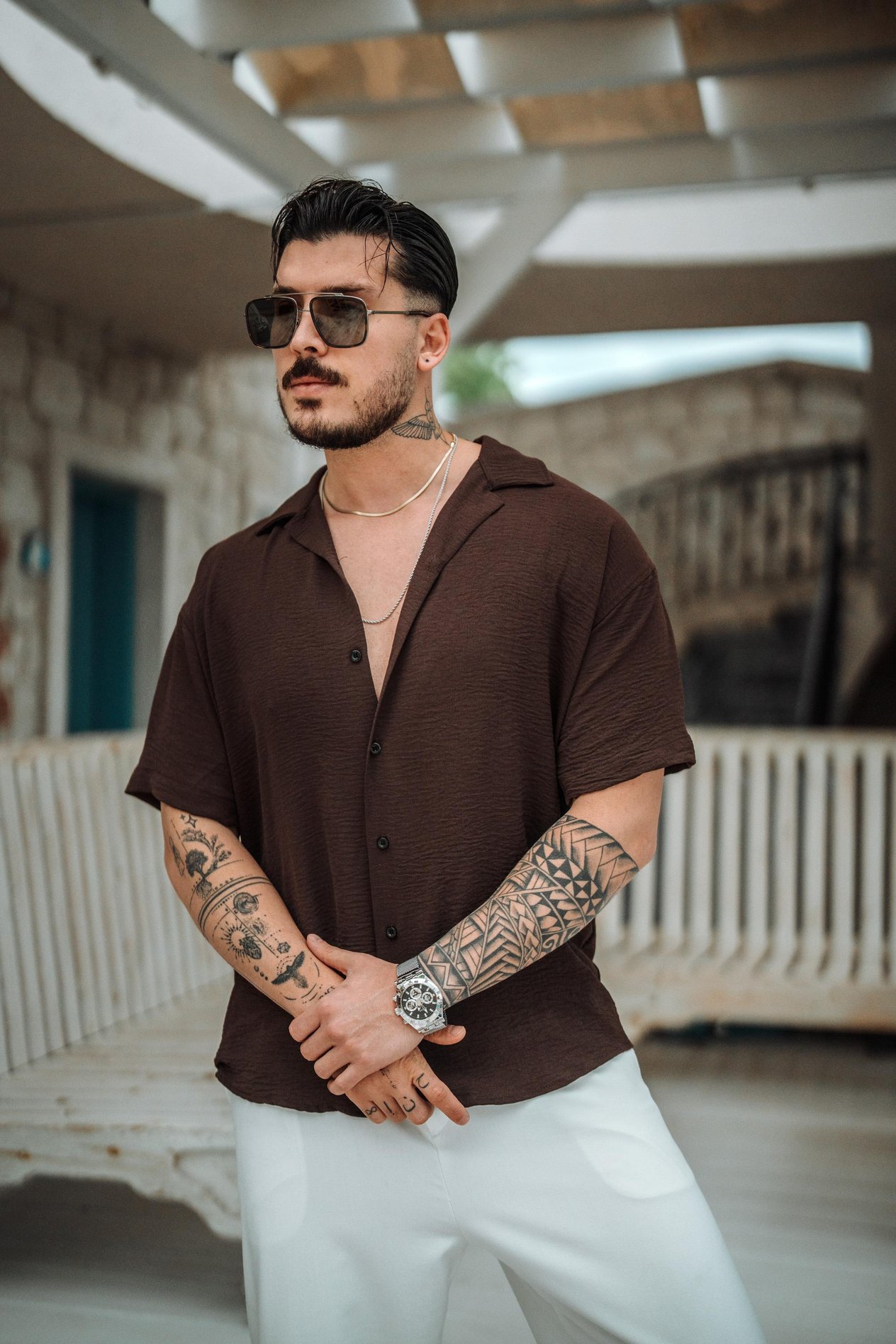 Krep Kumaş Oversize Kısa Kol Gömlek Koyu Kahve