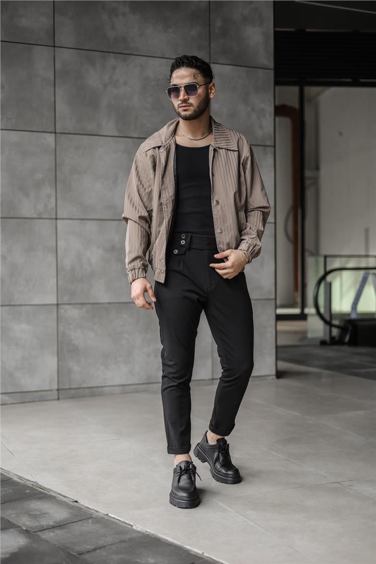 Line Detaylı Deri Oversize Ceket Kum Beji
