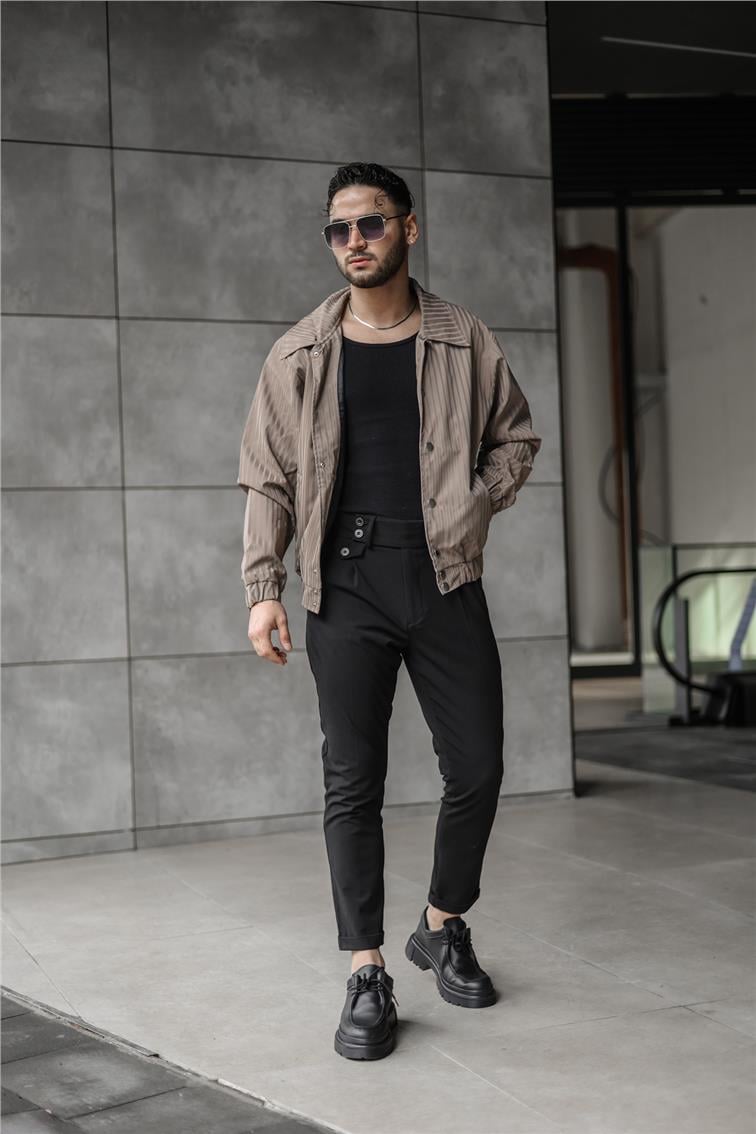 Line Detaylı Deri Oversize Ceket Kum Beji