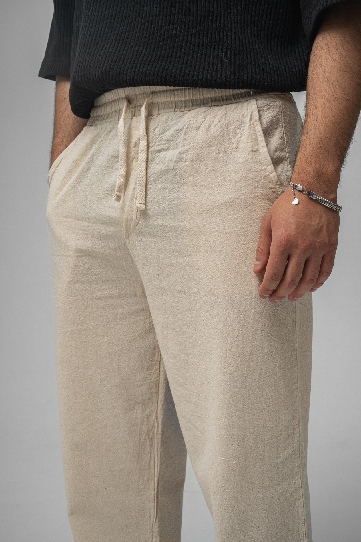 Linen Bel Bağlamalı Baggy Krem