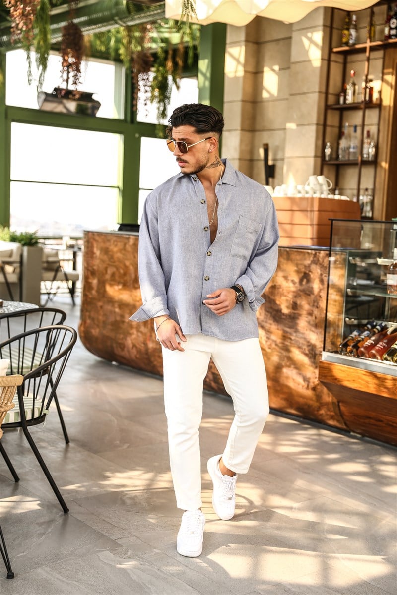 Mavi  Noktalı İnce Oversize Gömlek