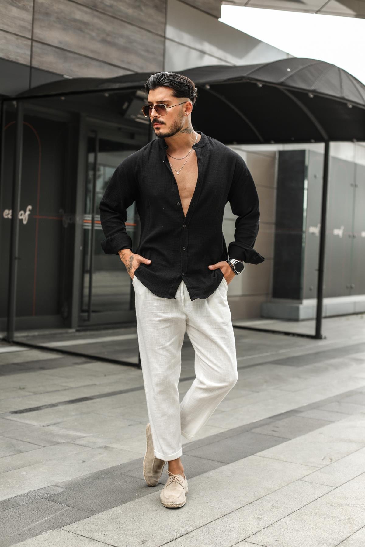 Müslin Kumaş Düz Yaka Oversize Gömlek Siyah