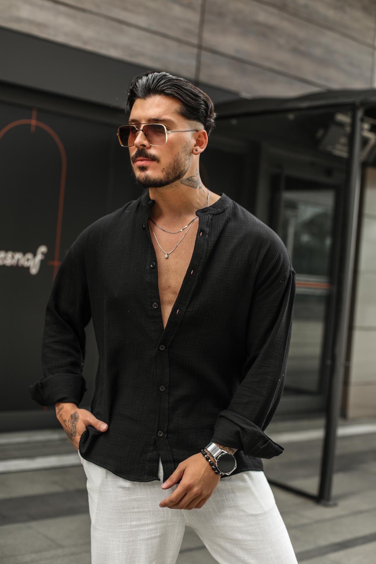 Müslin Kumaş Düz Yaka Oversize Gömlek Siyah