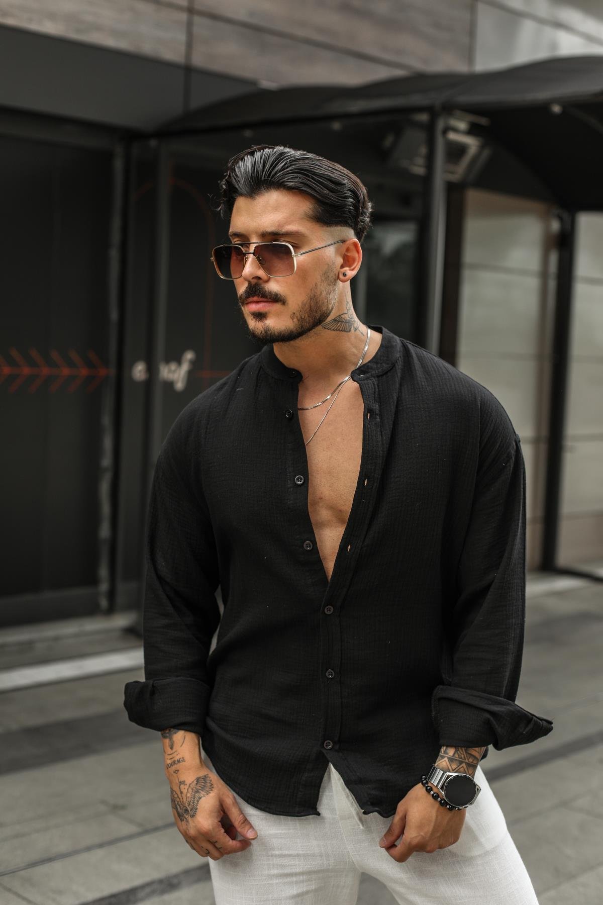 Müslin Kumaş Düz Yaka Oversize Gömlek Siyah