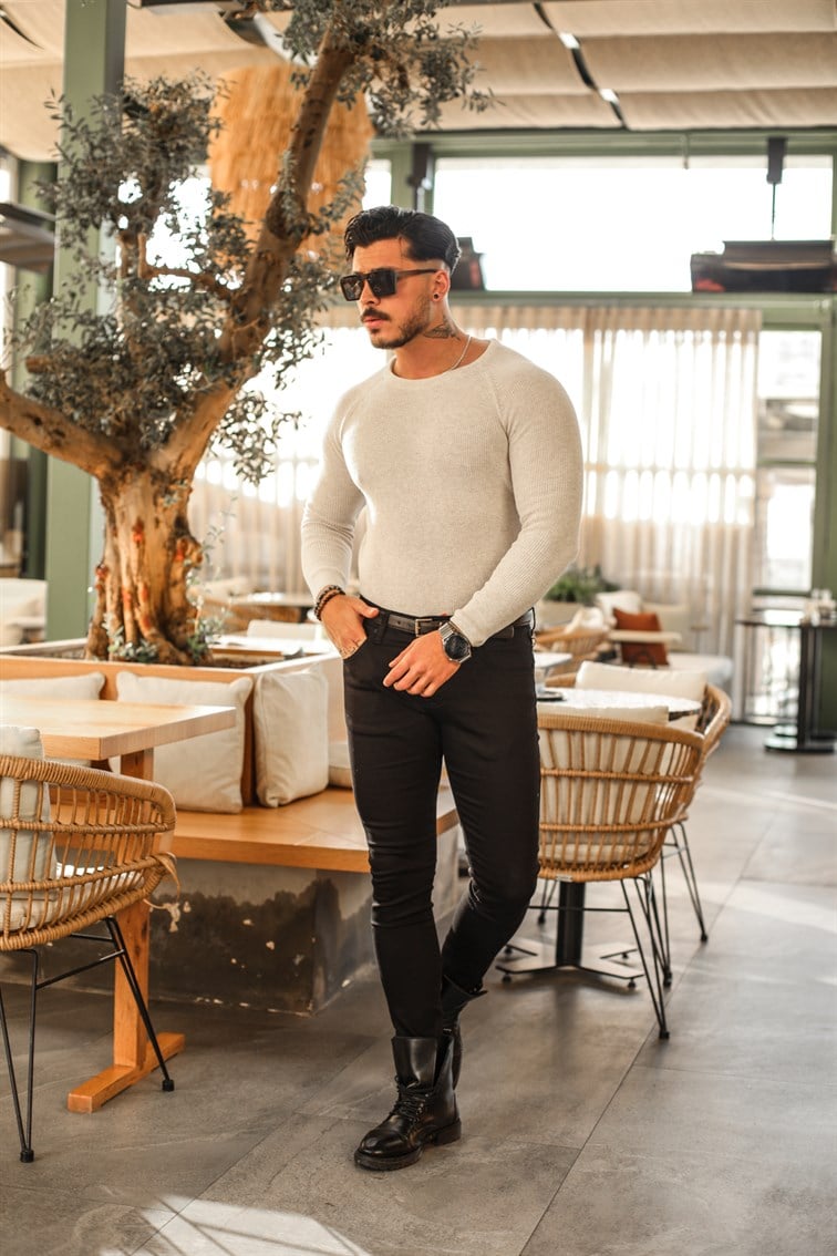 Omuz Detay Örgülü Slim Fit Kazak