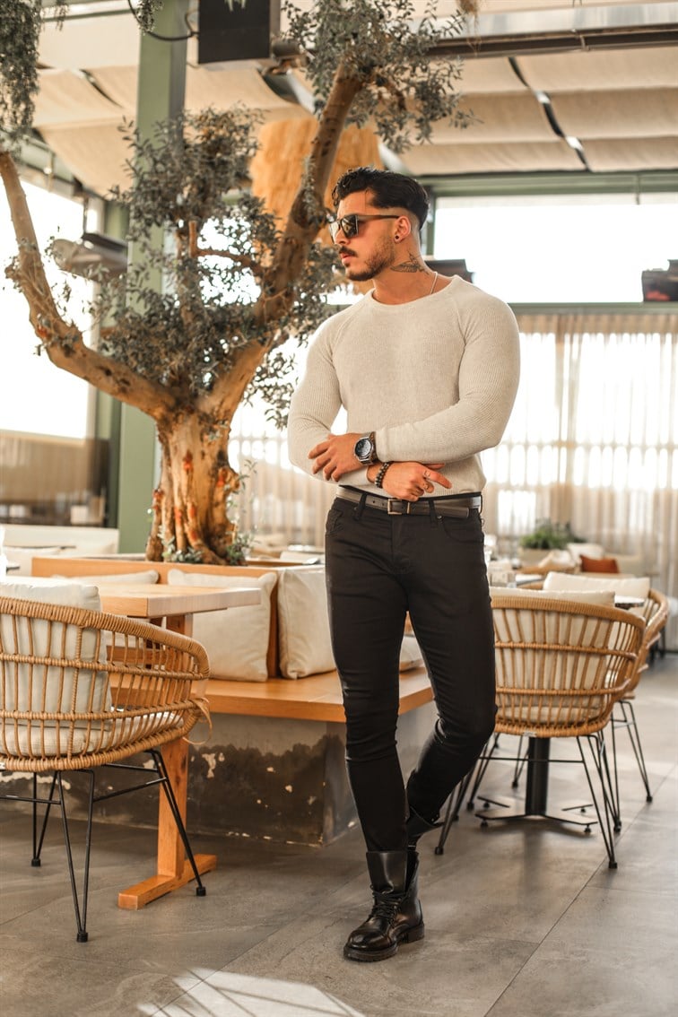 Omuz Detay Örgülü Slim Fit Kazak