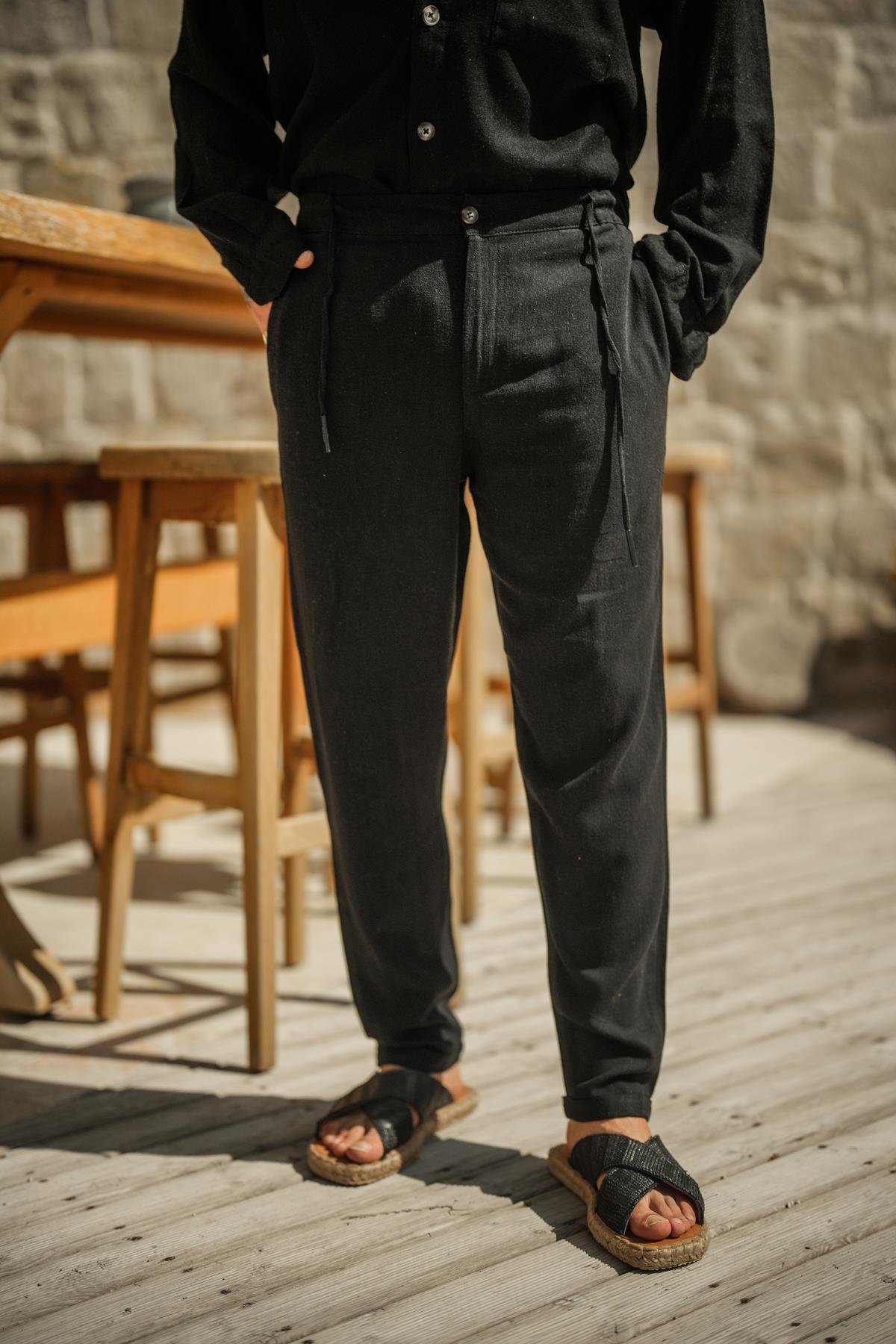 Pamuklu Keten Double Paça Pantolon Siyah