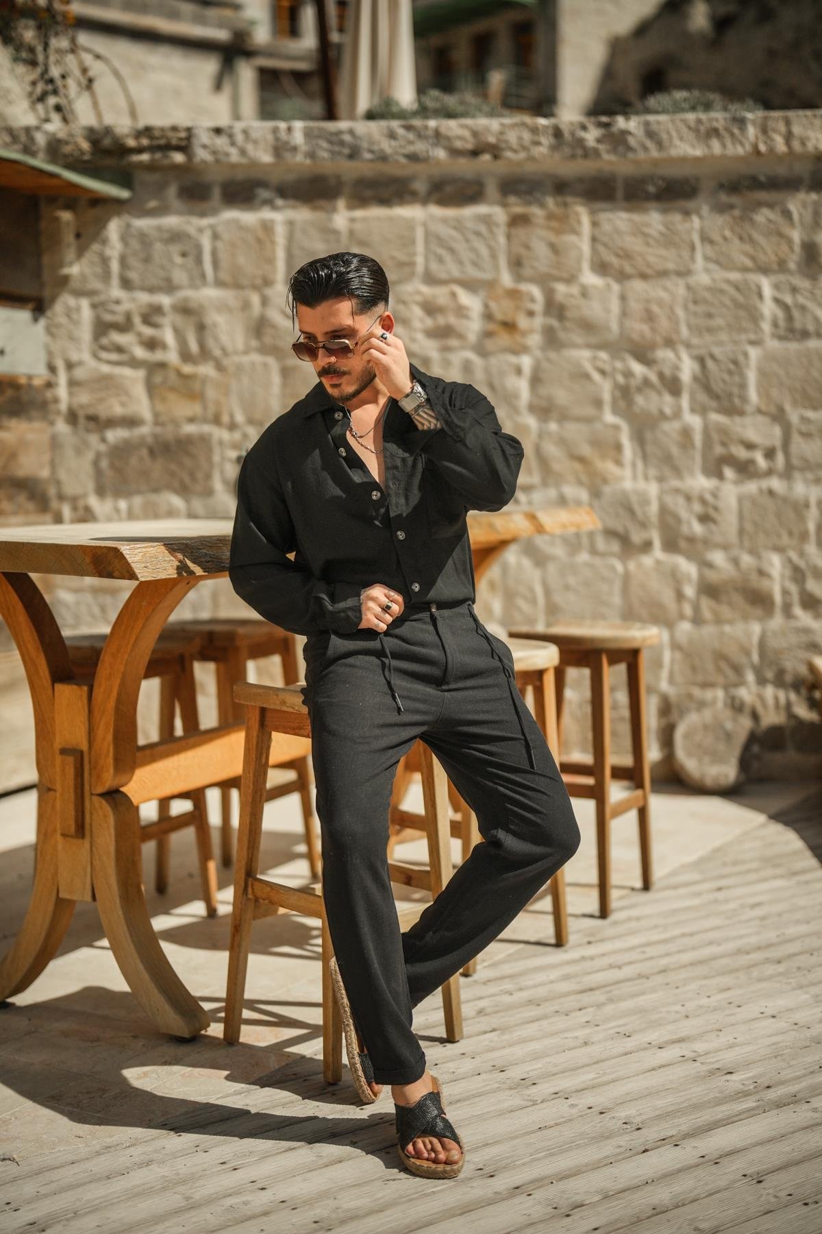 Pamuklu Keten Double Paça Pantolon Siyah