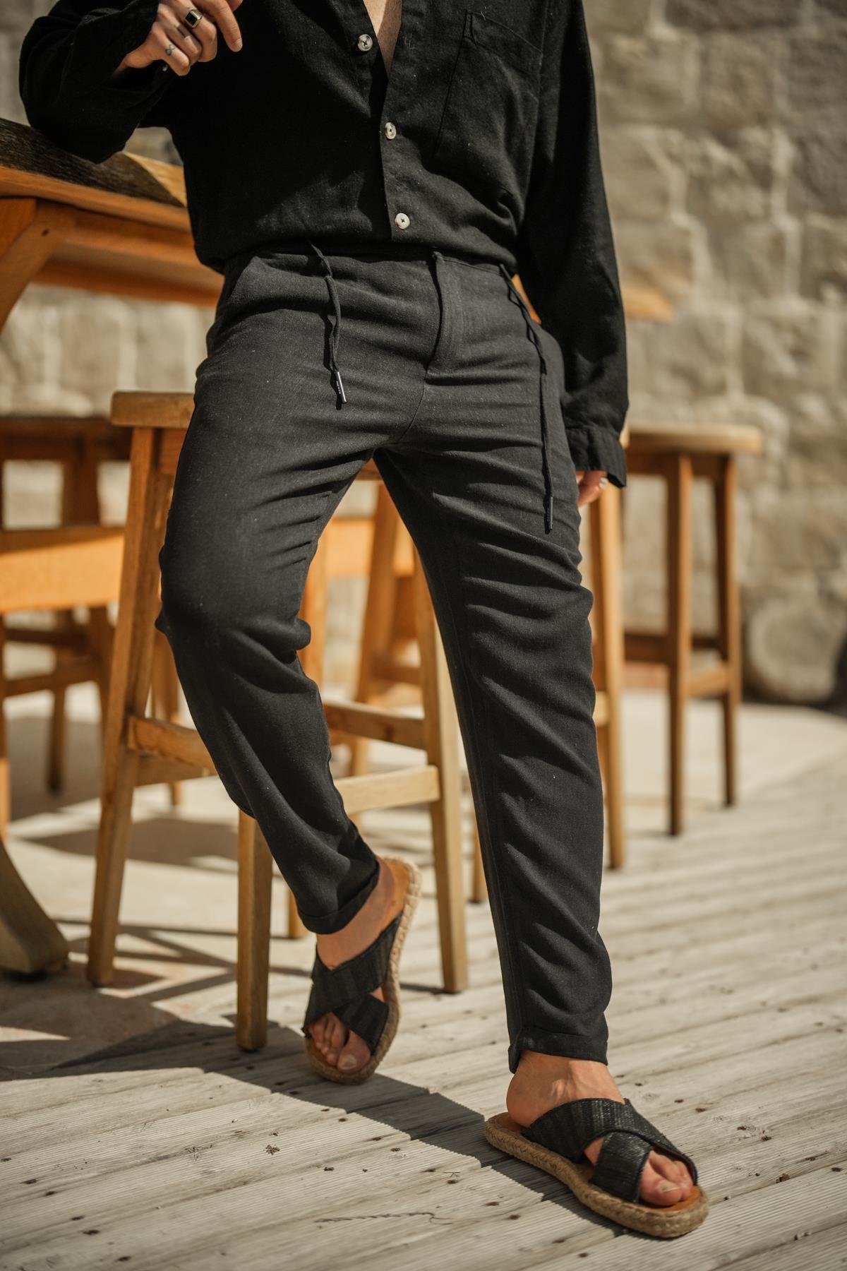 Pamuklu Keten Double Paça Pantolon Siyah