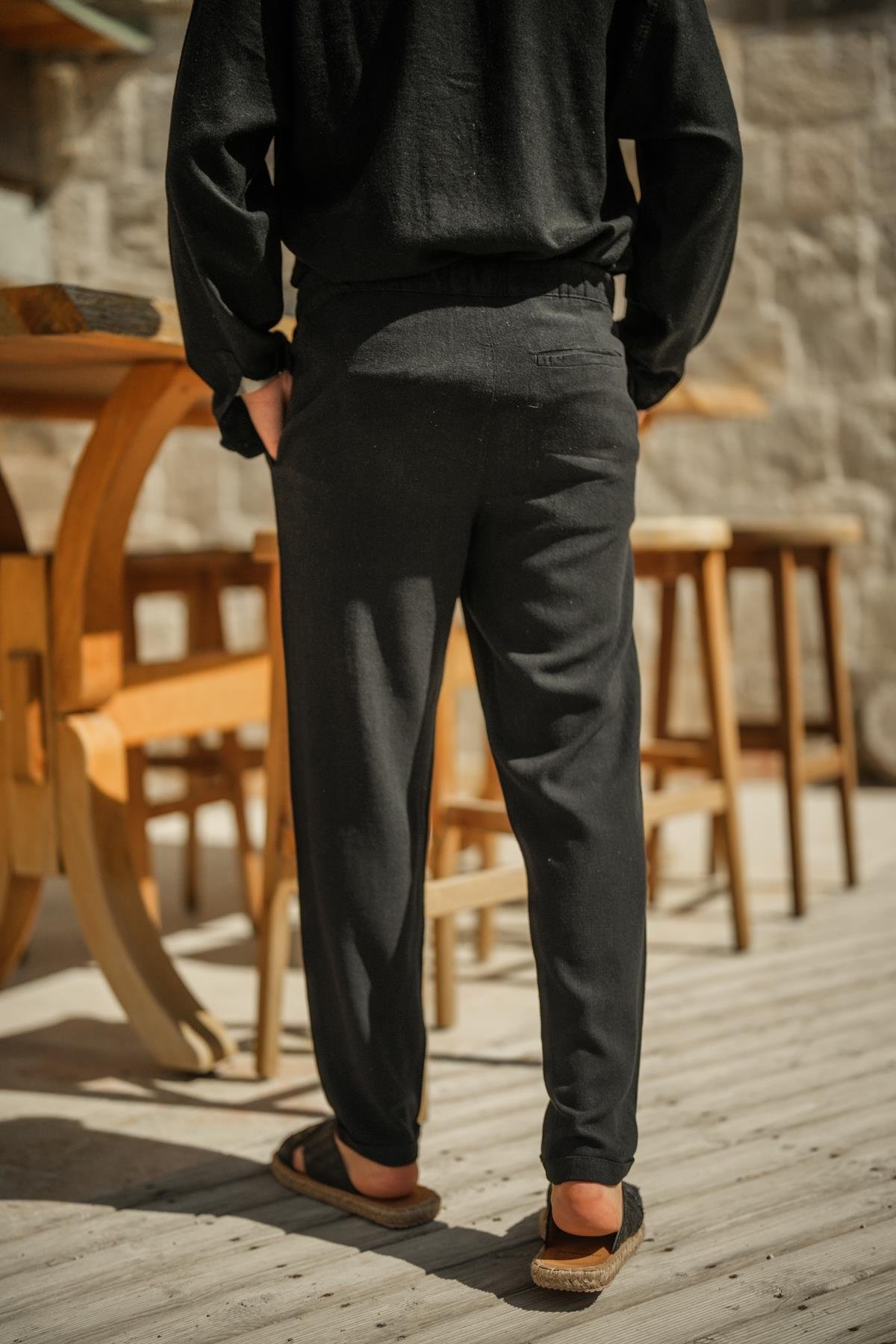 Pamuklu Keten Double Paça Pantolon Siyah