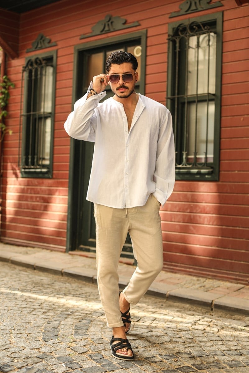 Pamuklu Sıfır Yaka Oversize Gömlek