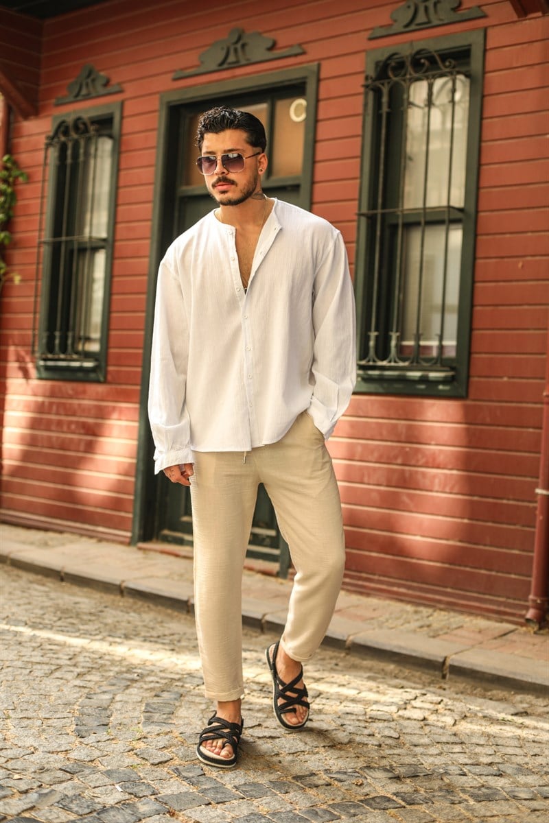 Pamuklu Sıfır Yaka Oversize Gömlek