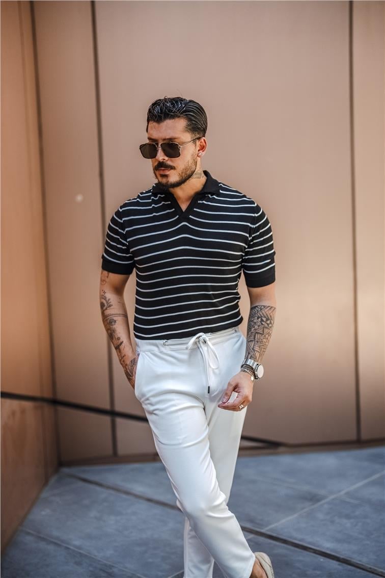 Paralel İnce Çizgi Pola Yaka T-Shirt Siyah