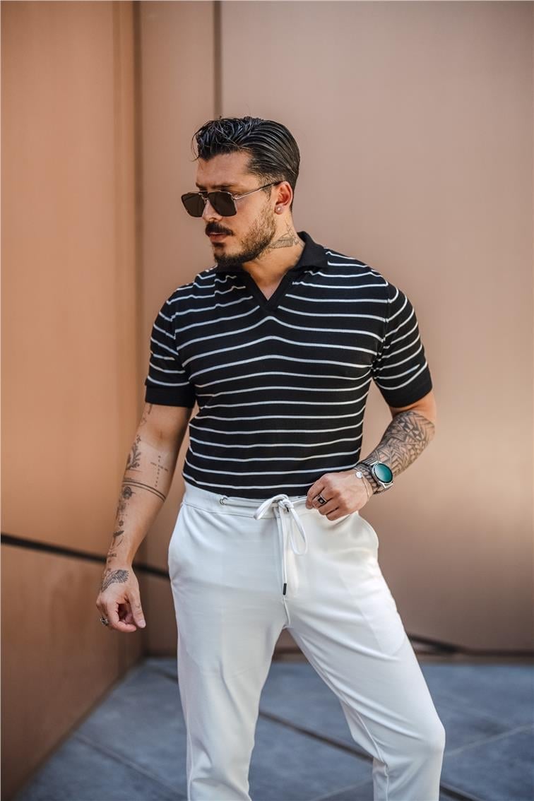 Paralel İnce Çizgi Pola Yaka T-Shirt Siyah