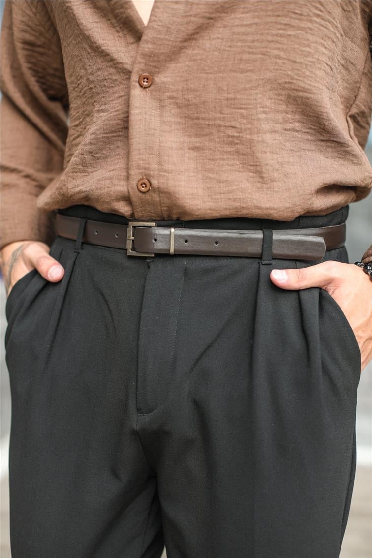 Pileli Kemerli Klasik Kalem Pantolon Siyah
