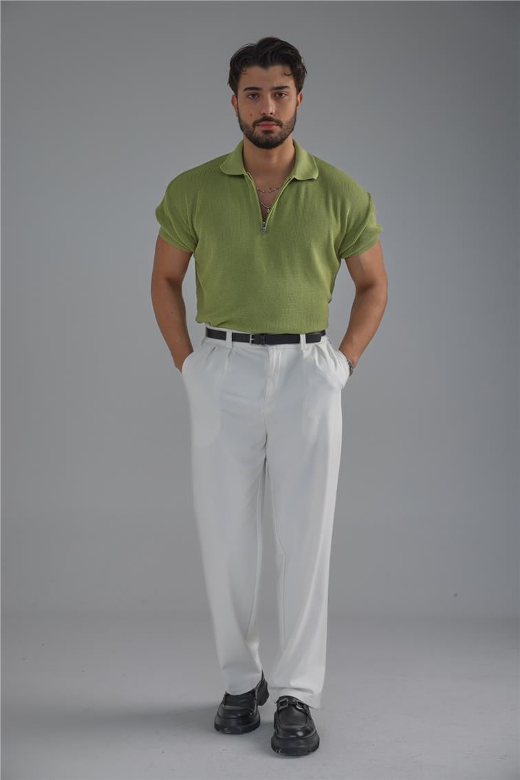 Polo Yaka Fermuarlı T-Shirt Fıstık Yeşili