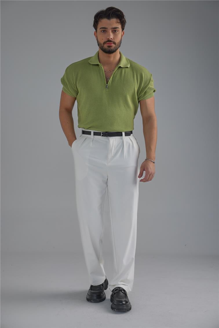Polo Yaka Fermuarlı T-Shirt Fıstık Yeşili