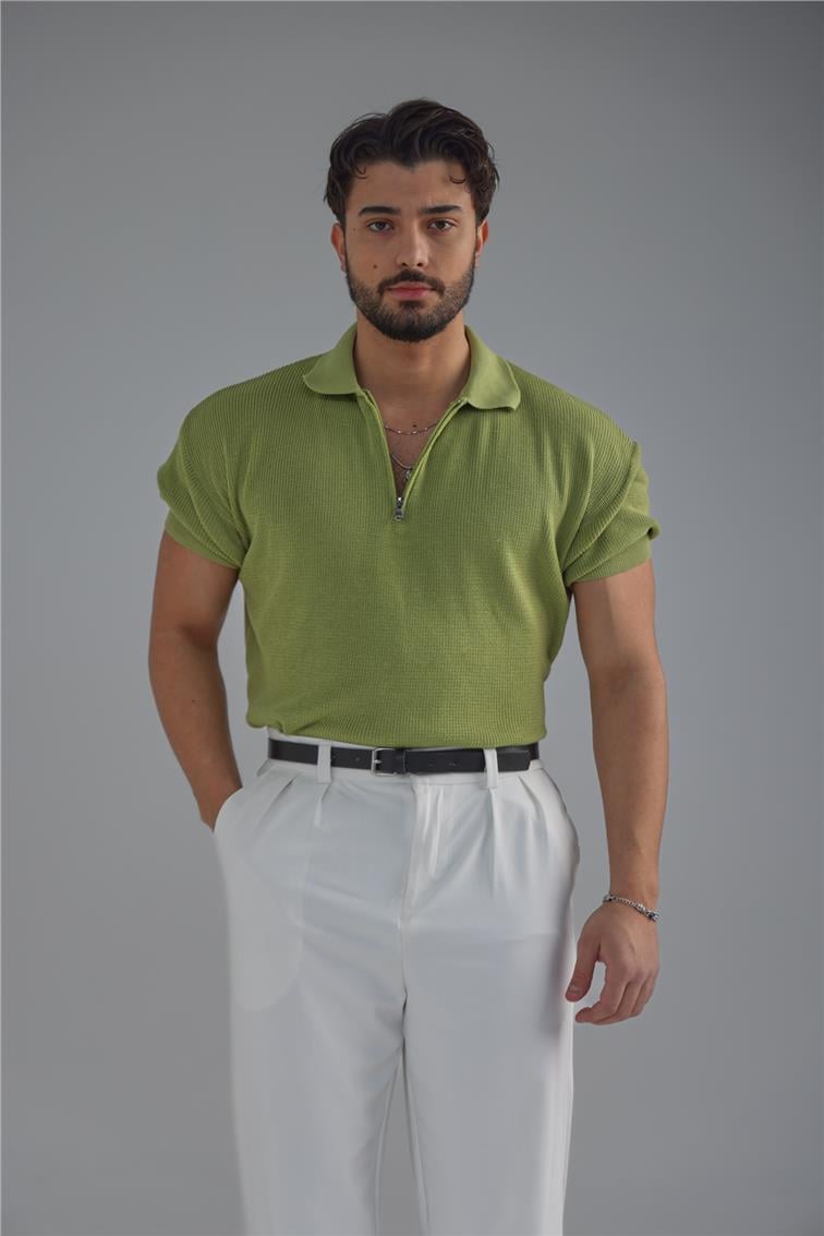 Polo Yaka Fermuarlı T-Shirt Fıstık Yeşili