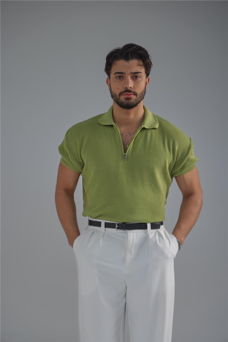 Polo Yaka Fermuarlı T-Shirt Fıstık Yeşili