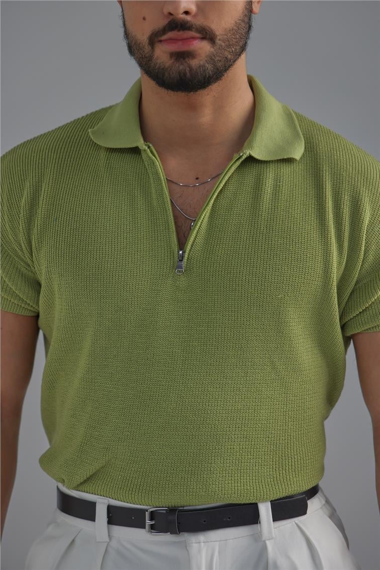 Polo Yaka Fermuarlı T-Shirt Fıstık Yeşili