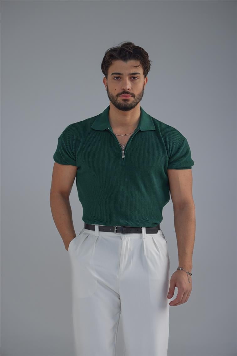 Polo Yaka Fermuarlı T-Shirt Koyu Yeşil
