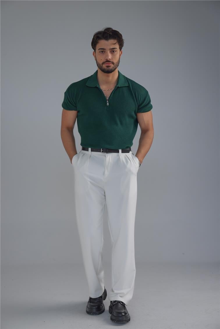 Polo Yaka Fermuarlı T-Shirt Koyu Yeşil