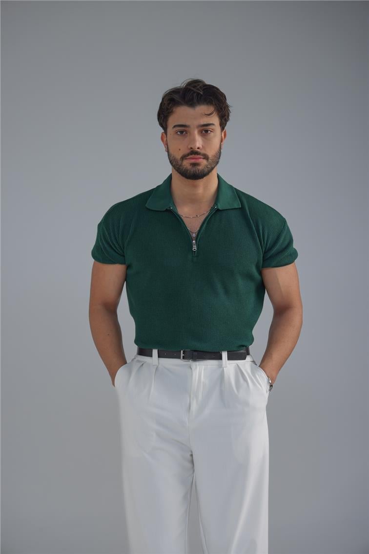 Polo Yaka Fermuarlı T-Shirt Koyu Yeşil