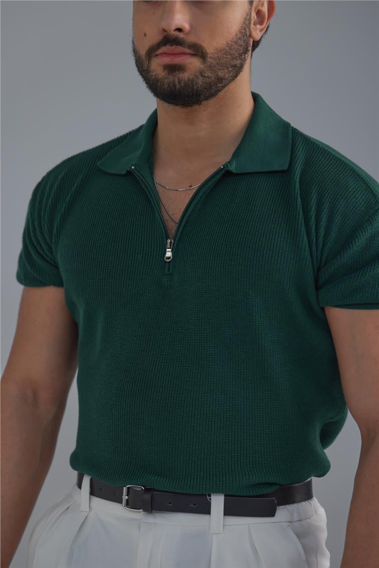 Polo Yaka Fermuarlı T-Shirt Koyu Yeşil