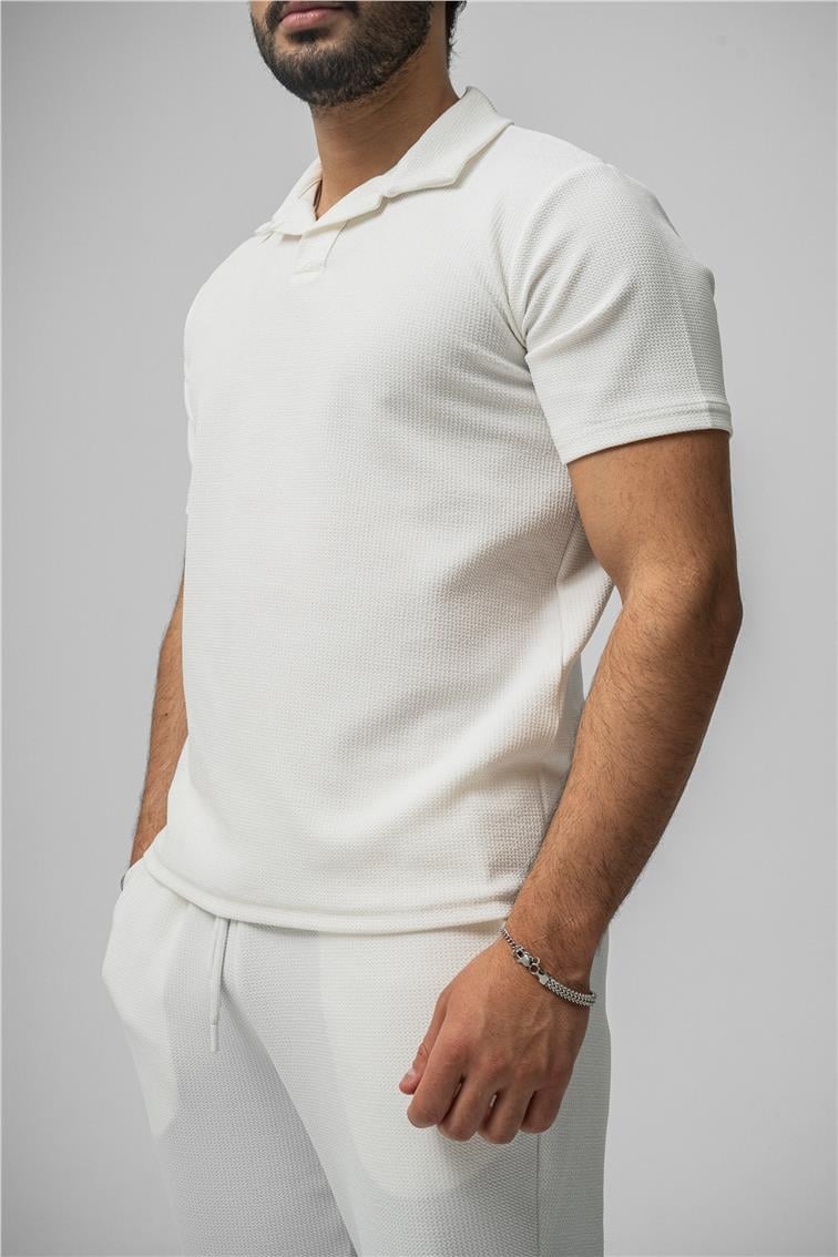 Polo Yaka Gizli Kabartma T-Shirt Beyaz