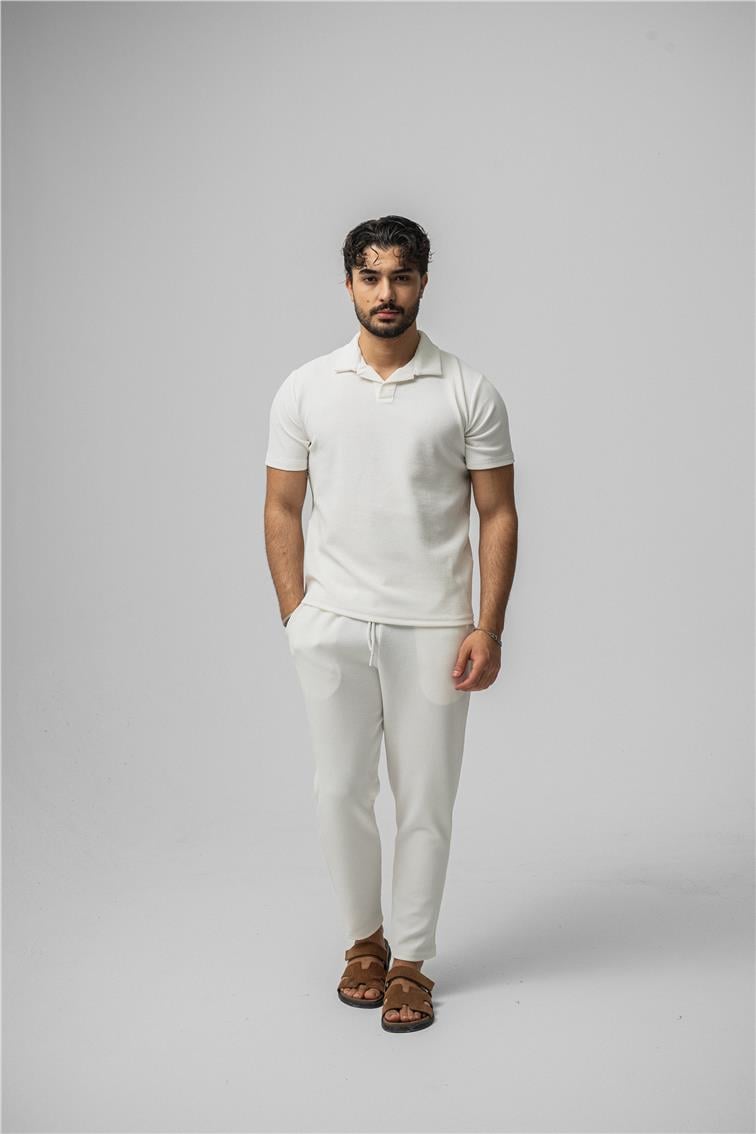 Polo Yaka Gizli Kabartma T-Shirt Beyaz