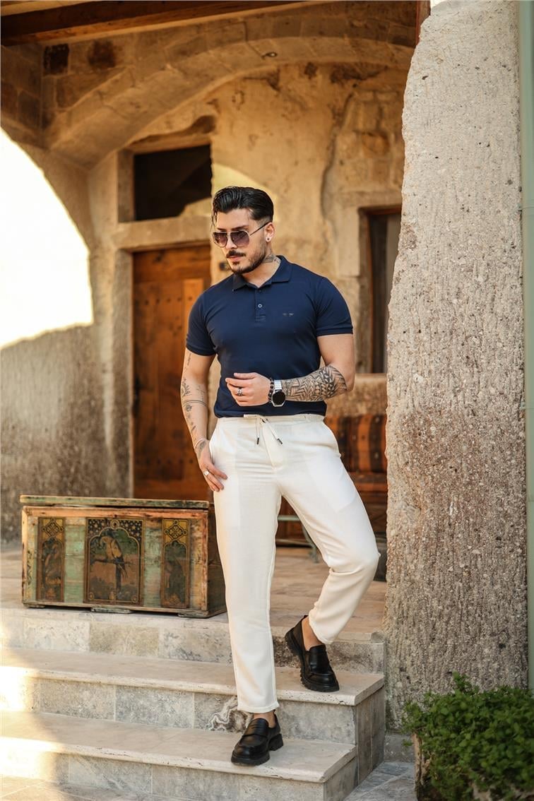 Polo Yaka Minimal Baskılı T-Shirt Lacivert